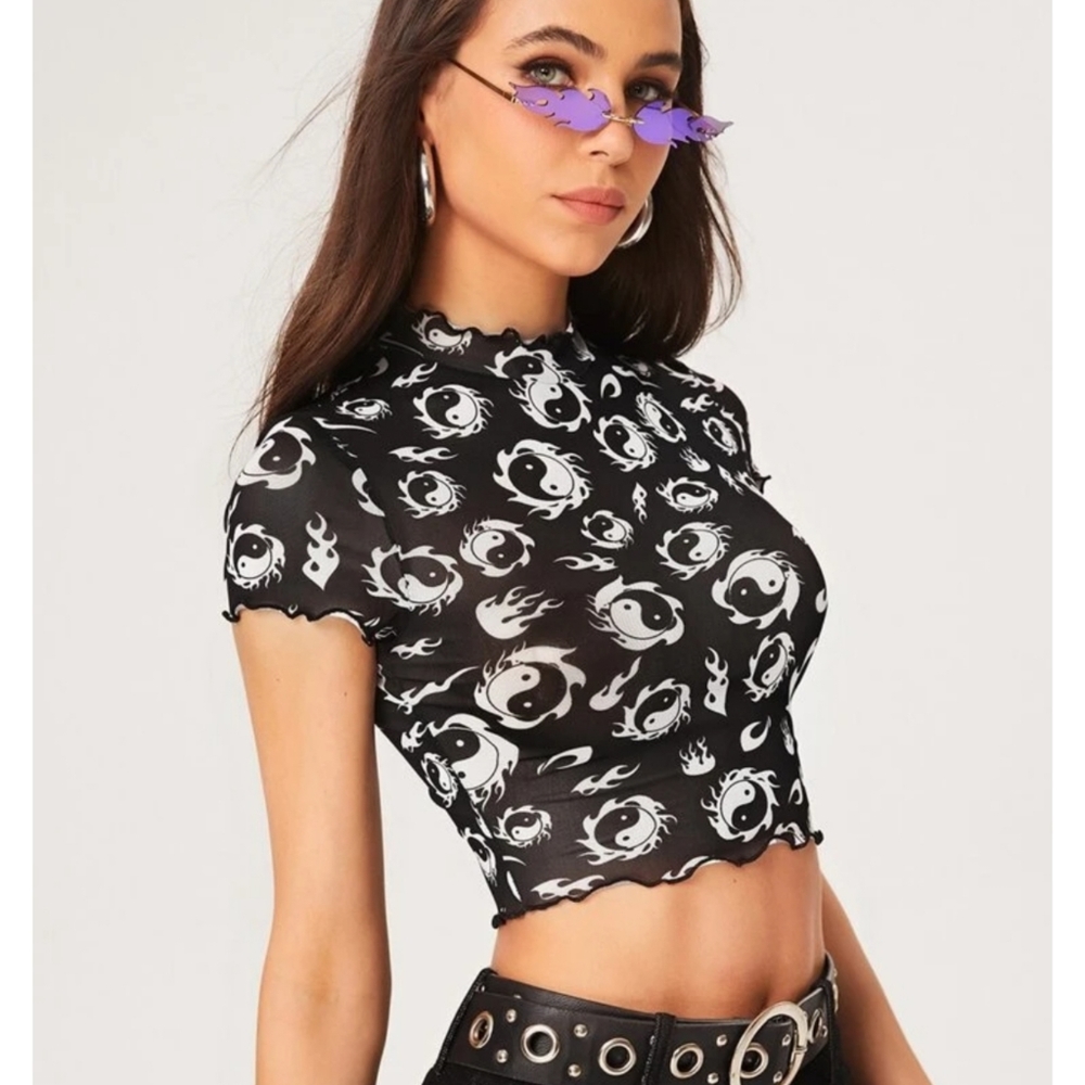 Y2K 90s Yin Yang Flames Black Mesh T Shirt Short Sleeve Super Cool XS-XL Avail - Picture 1 of 8